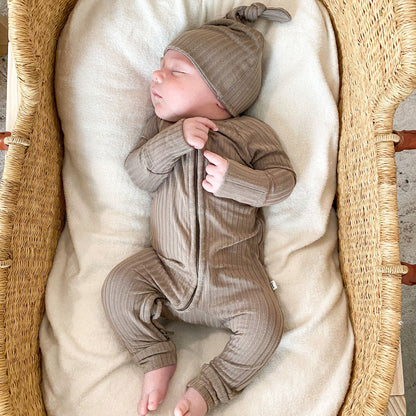 Deep Taupe Ribbed Infant Top Knot Beanie