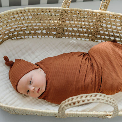 Terra Cotta Ribbed Infant Top Knot Beanie