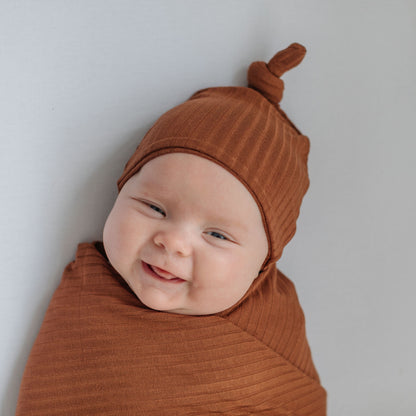 Terra Cotta Ribbed Infant Top Knot Beanie