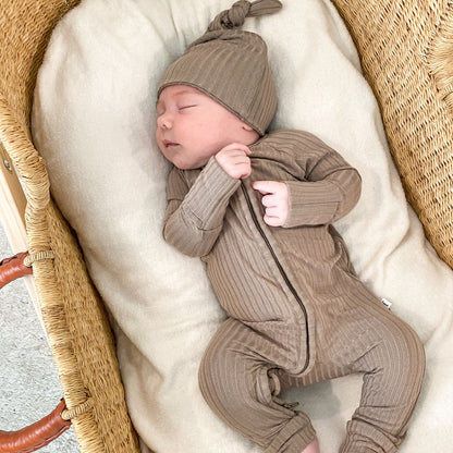Deep Taupe Ribbed Infant Top Knot Beanie